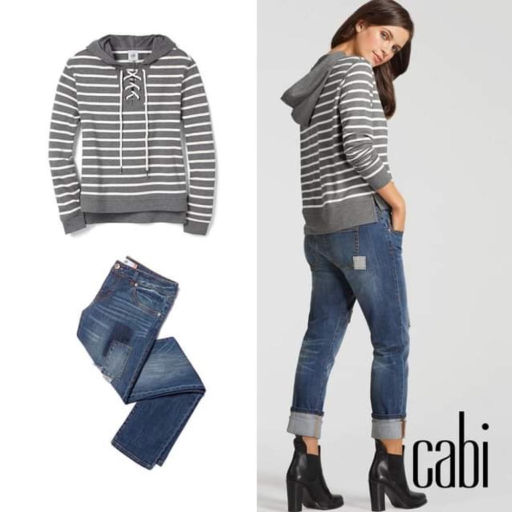 Cabi "Windward" Striped French Terry
Hooded Sweatshirt Gray White Hoodie